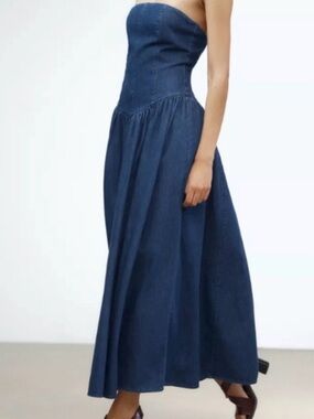 Zara Strapless Denim Maxi Dress in Dark Blue